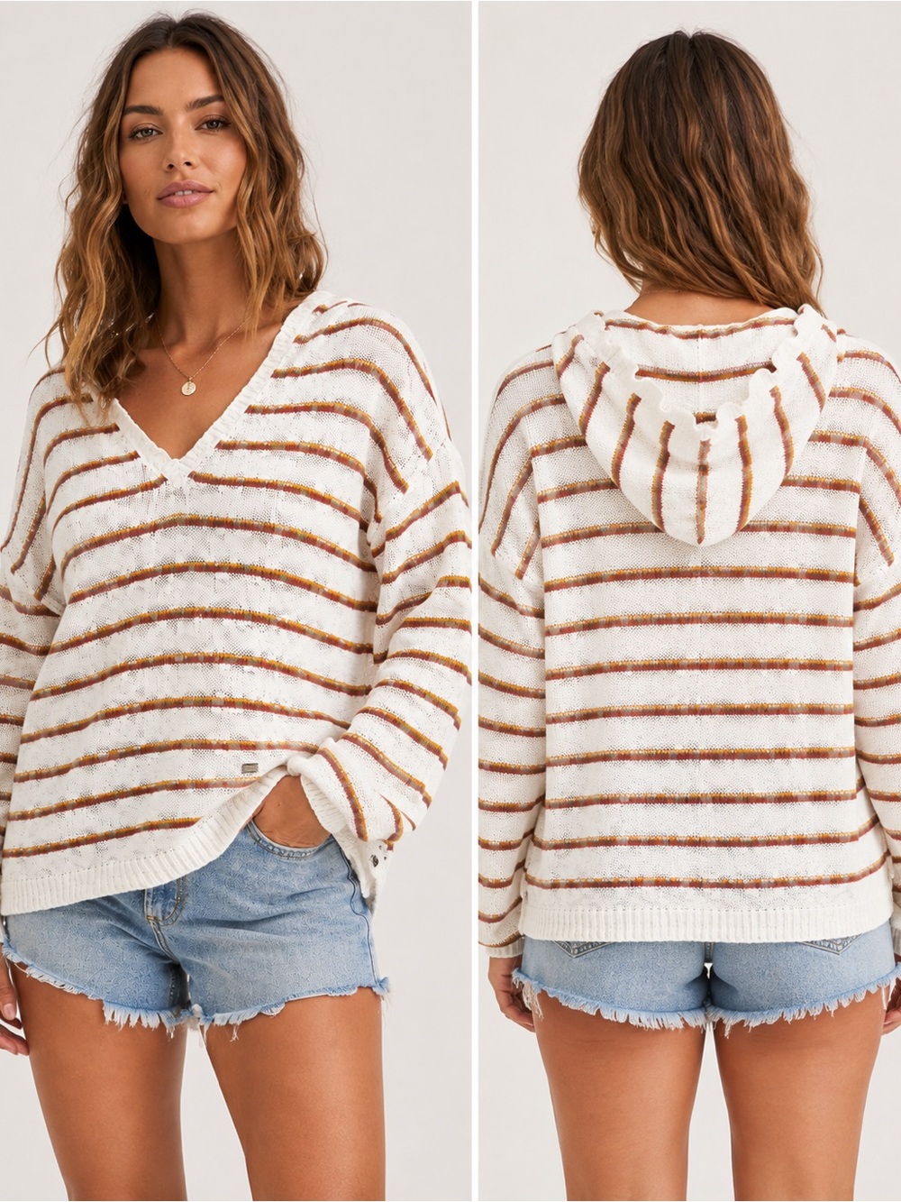 Roxy White & Brown Striped V-Neck Hooded Sweater XL